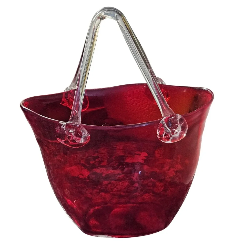 HandBlown Studio Art Glass Purse Vase Red Bag With Clear‎ Handles